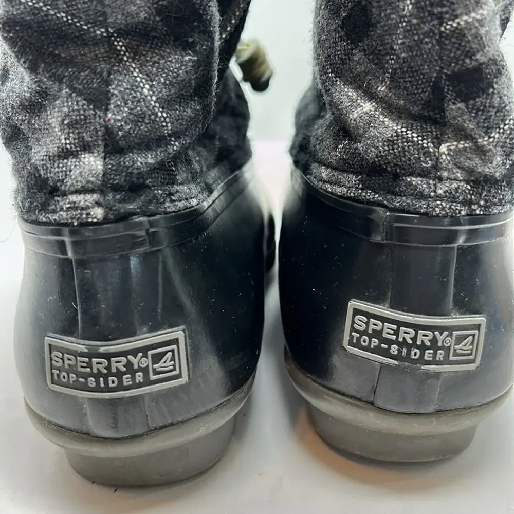 Sperry Top Sider Women's Black & Gray Plaid Rubber Ankle Duck Boots Size 9